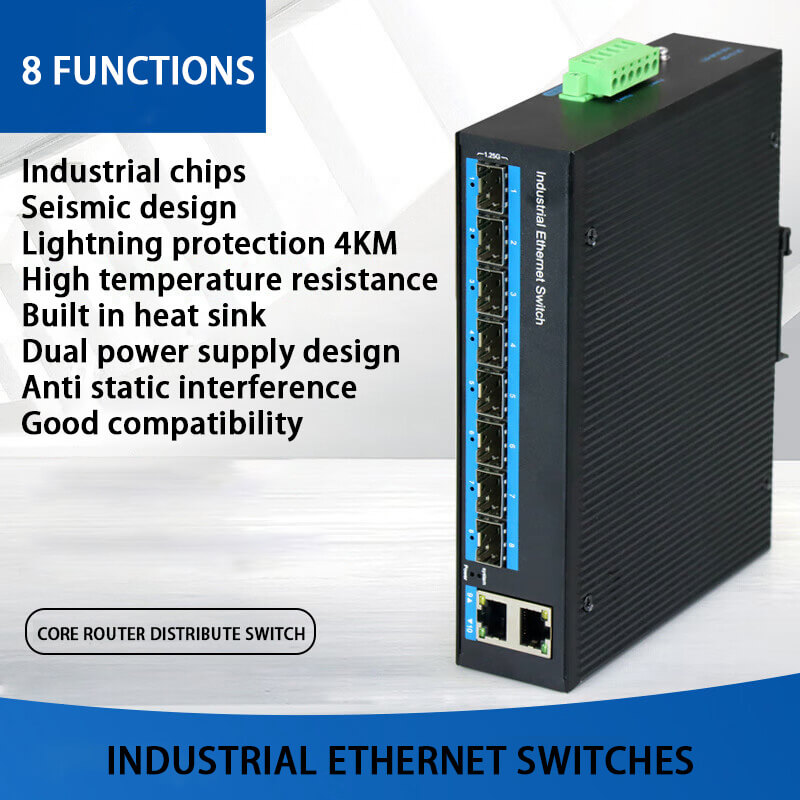 Industrial full Gigabit 8 optical 2 electrical aggregation switch 8-port fiber optic converter